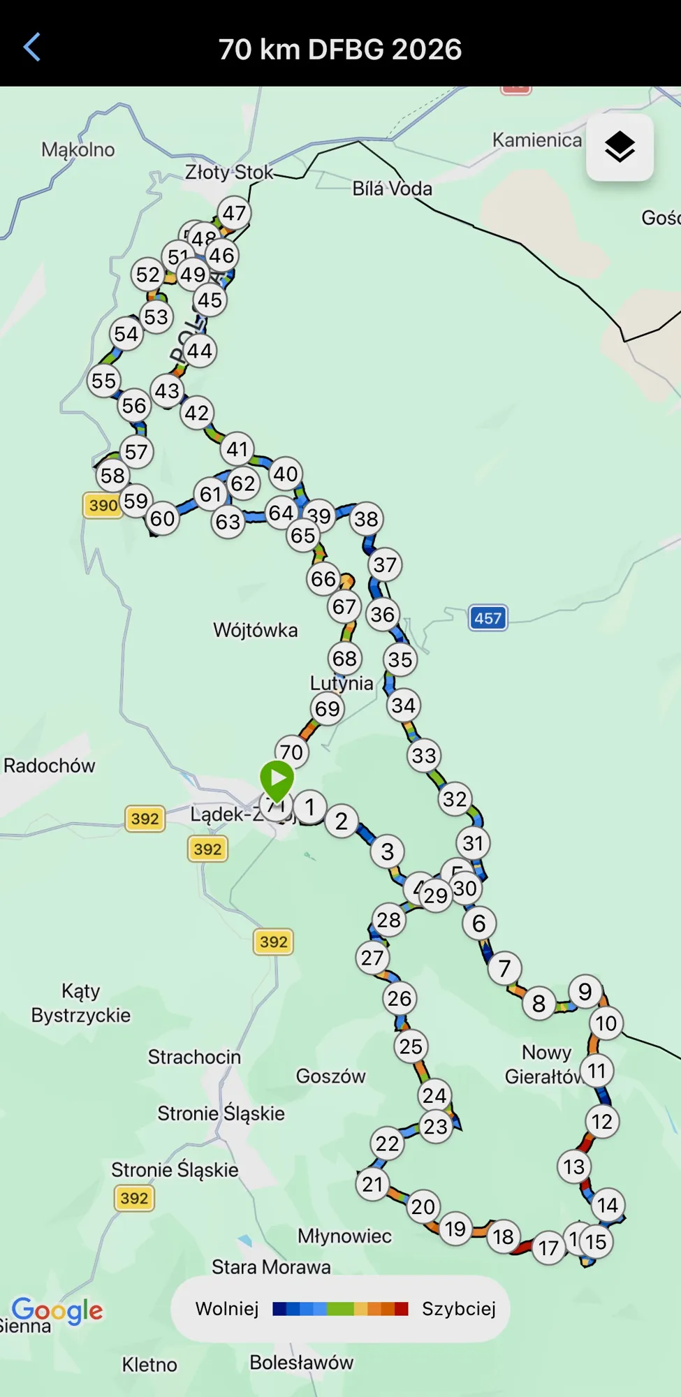 Ślad trasy 70 km z zegarka