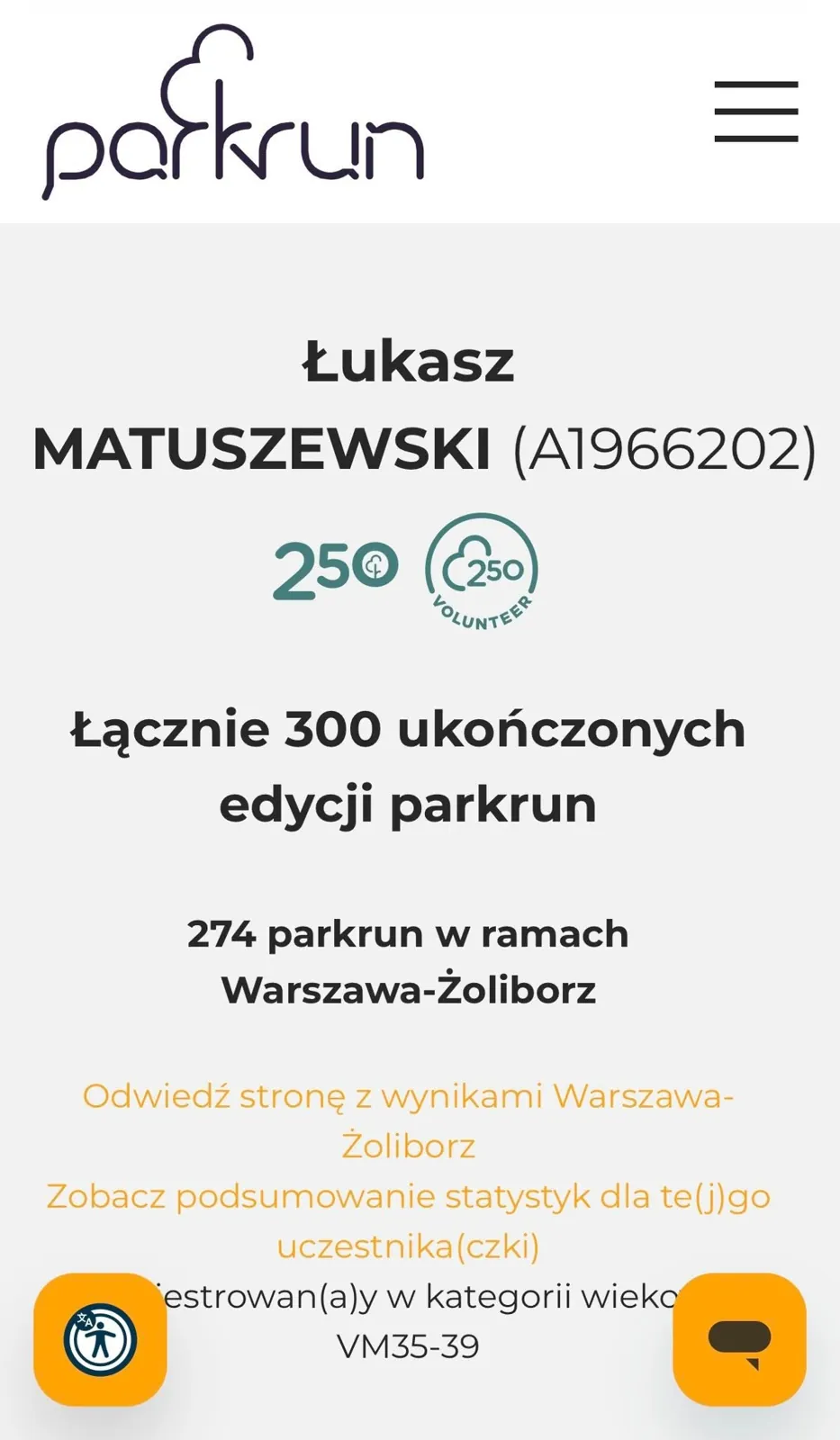 Mój profil parkrun - 300 ukończonych biegów